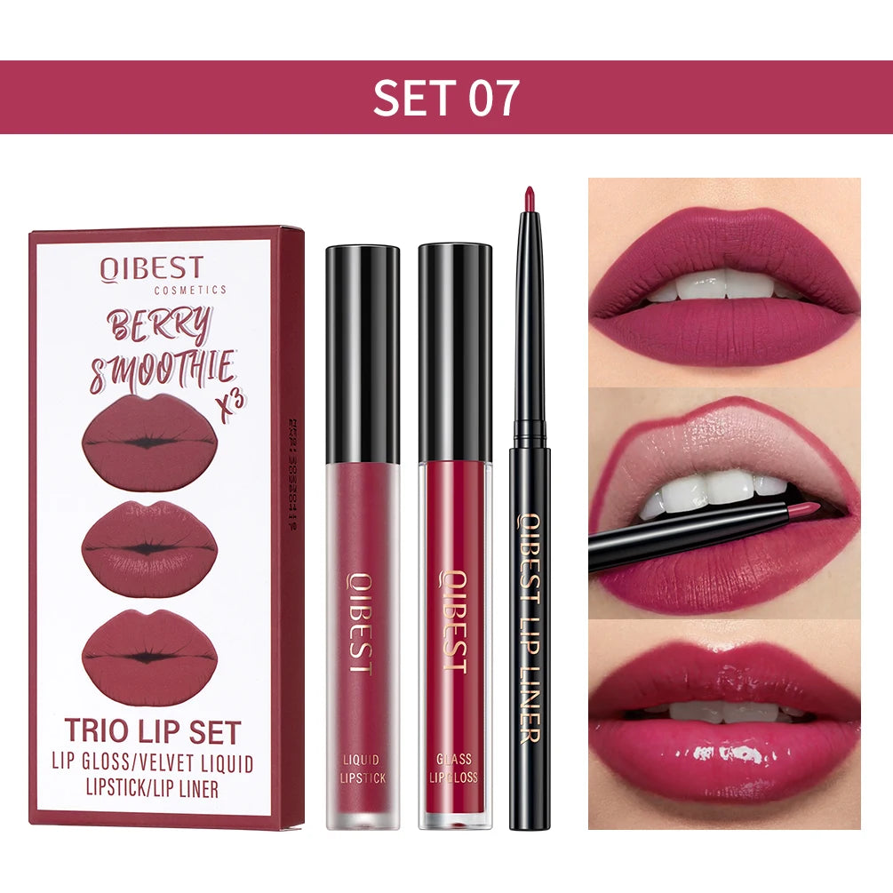 New 3pcs/set Liquid Lipstick+Lip Liner Long Lasting Cosmetic Black Brown Purple Red Matte Lip Gloss Nude Lip Tint Stain Makeup - Seprincess