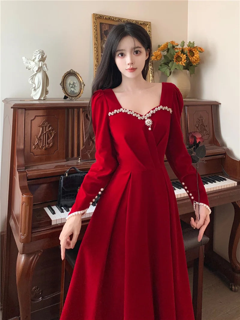 Burgundy Velvet Prom Dresses Square Collar Long Sleeve Pearl Crystal Long Engagement Dress Plus Size Female Formale Gowns - Seprincess