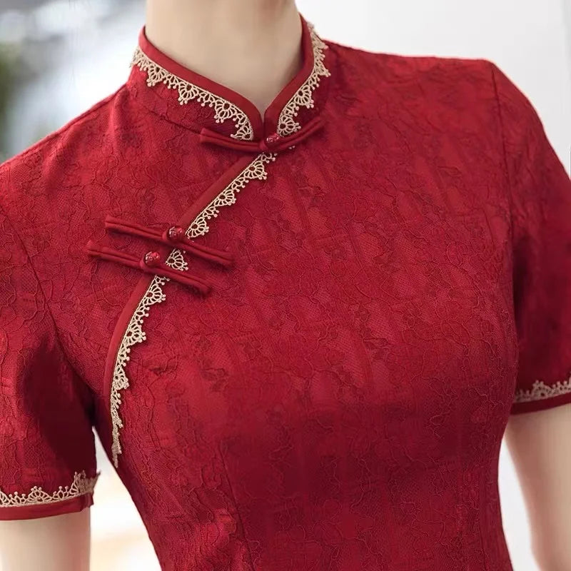 Traditional Chinese Clothing Red Cheongsam Summer New Modern Improved Young Short Qipao Dress New Year CNY - Seprincess