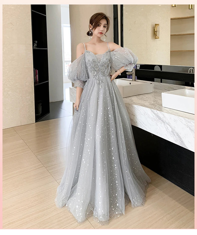 Bridesmaid Dress Temperament Lantern Sleeve Sequin Party Dress Fairy Stage Performance Dress Elegant Banquet Dress A-Long Dress - Seprincess