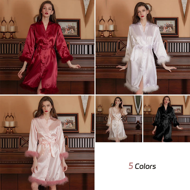 Women Feather Robe With Fur Sleepwear Bride Morning Satin Robes Nightgown Dress Elegant Wedding Bridesmaid Robe Gown Bathrobe - Seprincess