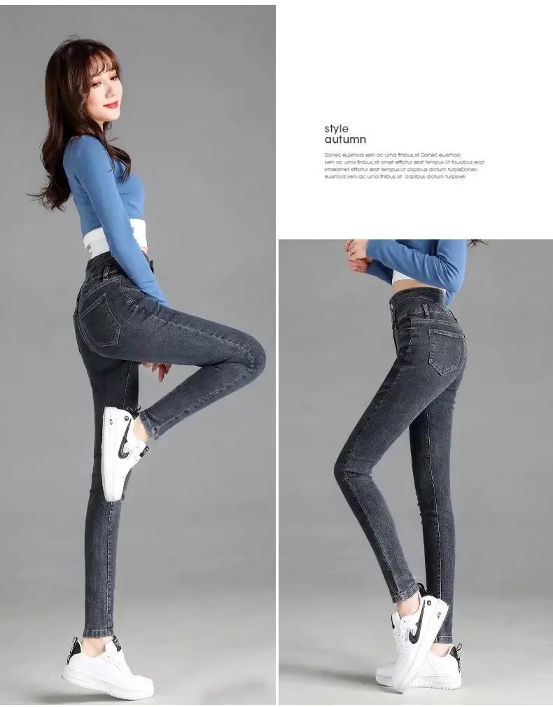 Thickened High-waisted Fleece-lined Jeans Women's Black Grey Slimming Winter 2021 New Style Tightening Integrated Velvet Pants