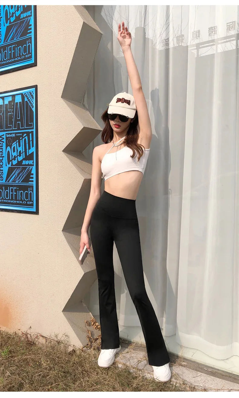 BIVIGAOS Women Shark Flared Pants Black Elastic Slim High Waist Sexy Horseshoe Pants Micro Casual Fashion Flared leggings