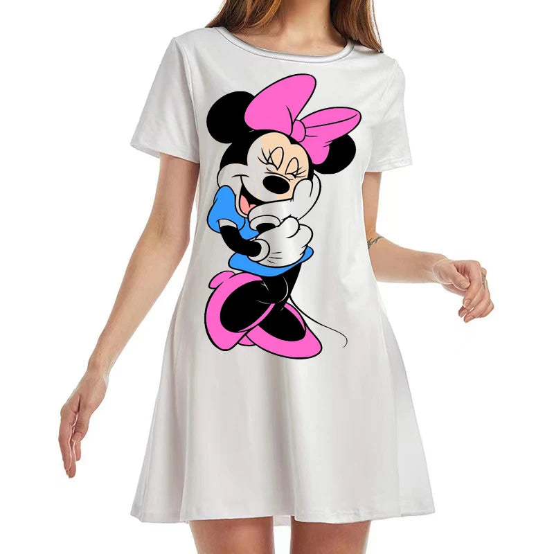 New Disney Minnie Mouse Anime Print Summer 2022 Ladies Sexy Round Neck Boho Beach Dress Ruffle Short Sleeve Mini Dress Y2K - Seprincess