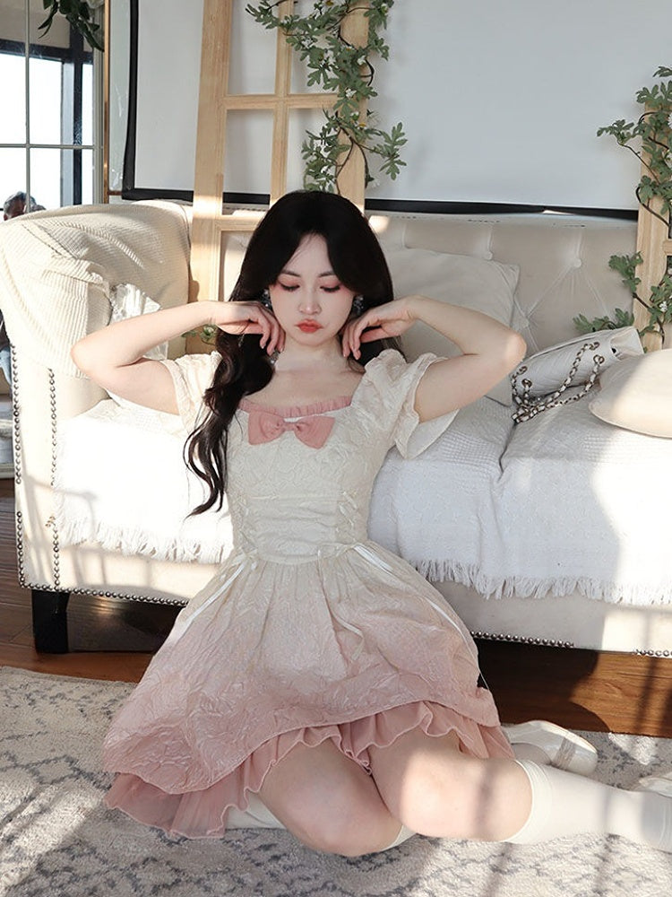 Bubble Sleeve Kawaii Lolita Mini Dress Women Pink Bow Princess Sweet Party Cute Dress A-Line Elegant Fairy Dress 2024 Spring New - Seprincess