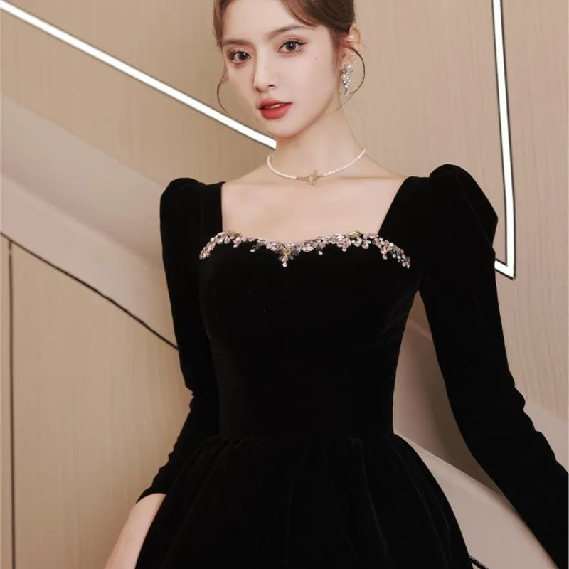 Black new light luxury small temperament banquet velvet long-sleeved dress - Seprincess