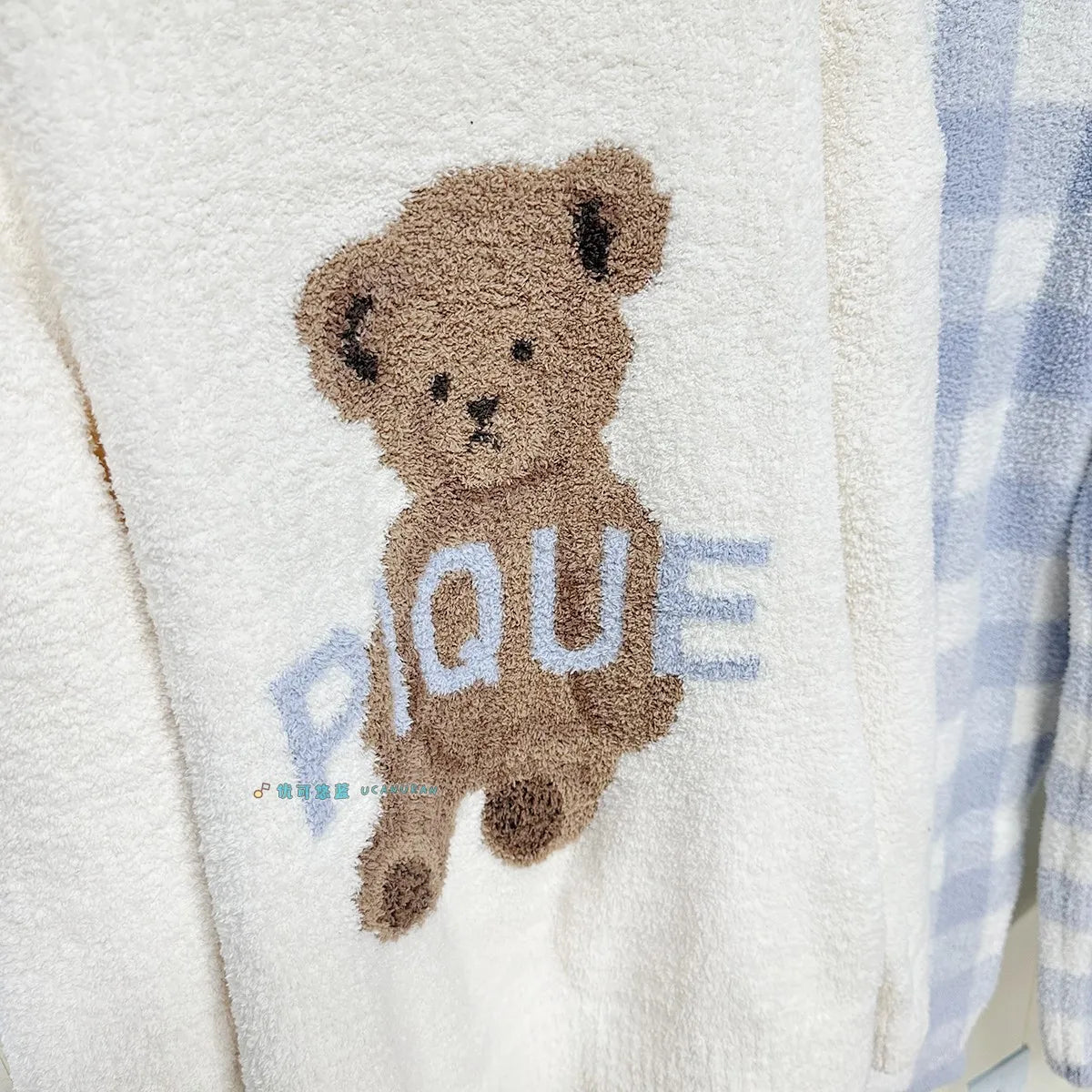 Japan Style Original New Year Teddy Bear Plaid Winter Thick Pajamas Knitted Sweaters Gown Wine Sleepwear Loungewear - Seprincess