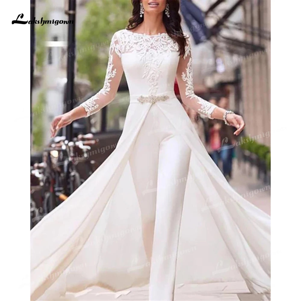 Cheap White Jumpsuits Pants Long Sleeve Wedding Dresses Lace Satin With Overskirts Beads Crystals Plus Size Bridal Gowns Vestido - Seprincess