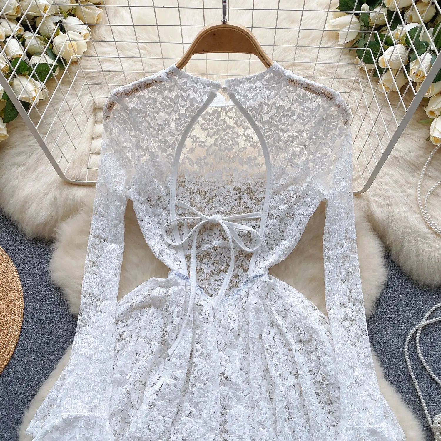 Women's Autumn Mesh Lace Hollow Out White Short Dress Women Micro Flare Sleeve See Through Translucent Sexy Girl's Mini Dress - Seprincess