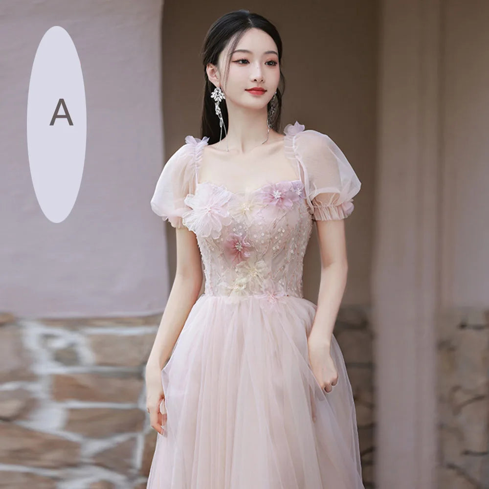 4 Styles Pink Bridesmaid Dress Women's Elegant Thin Tulle Off The Shoulder Flower Appliques A-line Wedding Party Guest Vestido - Seprincess