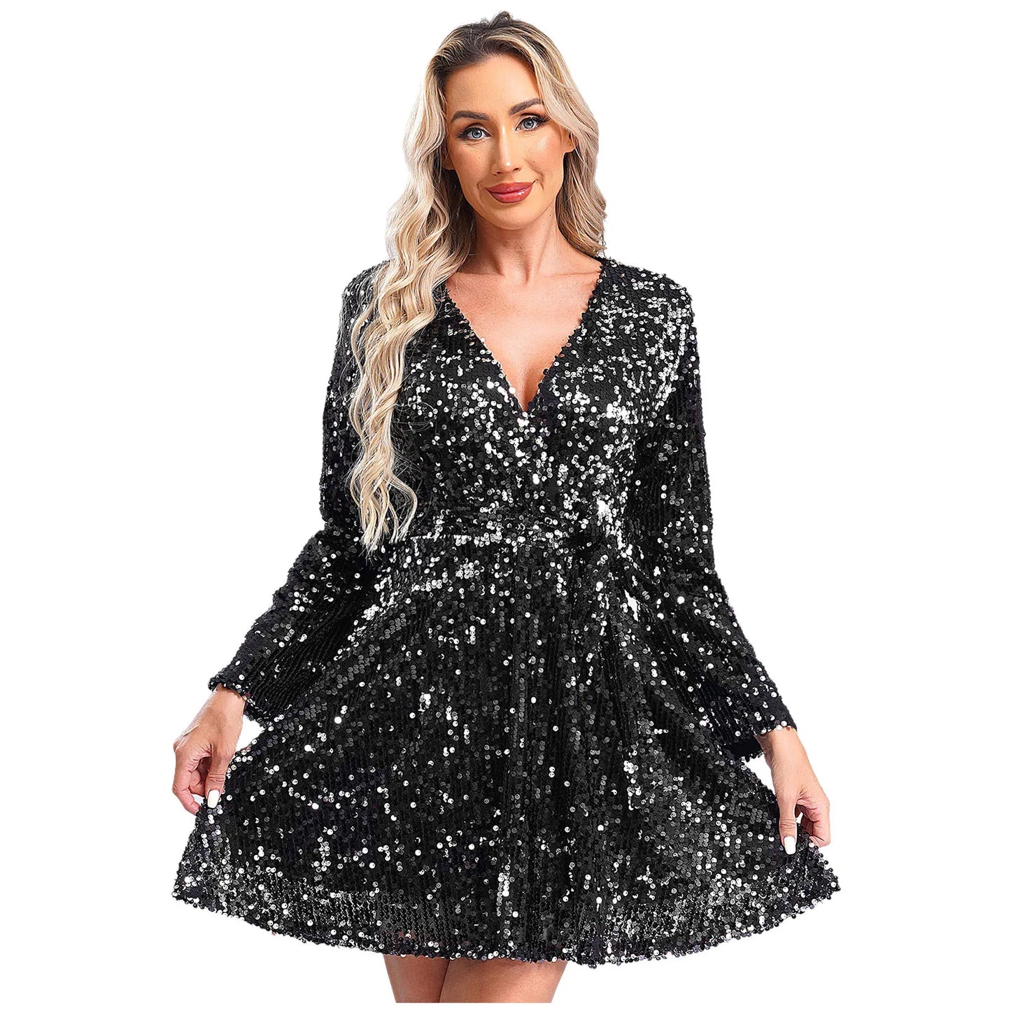 Fashion Women's Dress Clubbing Prom Vestidos V Neck Loose Sequin Dresses Long Sleeve Gown for Cocktail Party Prom Evening Robe