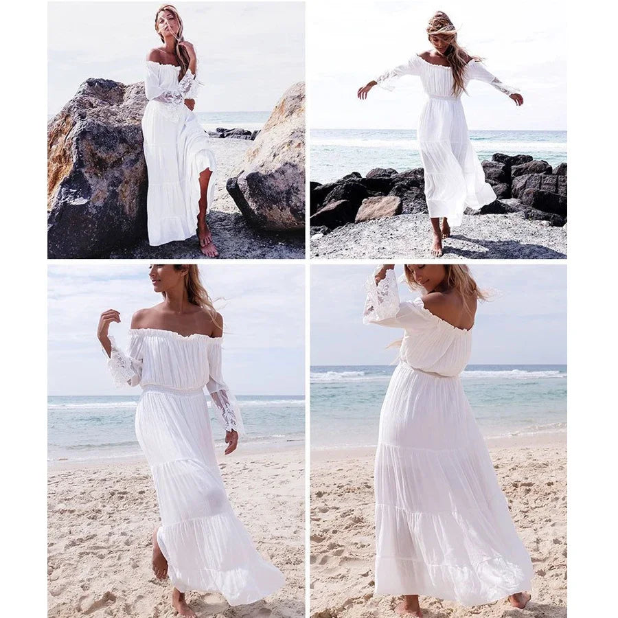 TEELYNN boho dress white sexy off the shoulder beach sundress Flare long sleeve splice lace women dresses summer vestidos - Seprincess