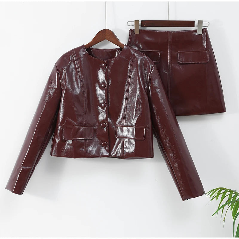 Pu Leather Long Sleeve Jacket Button Hip Mini Skirt Suits Women New Solid Slim Outfits Female Fashion Vintage 2 Piece Set 2024 - Seprincess