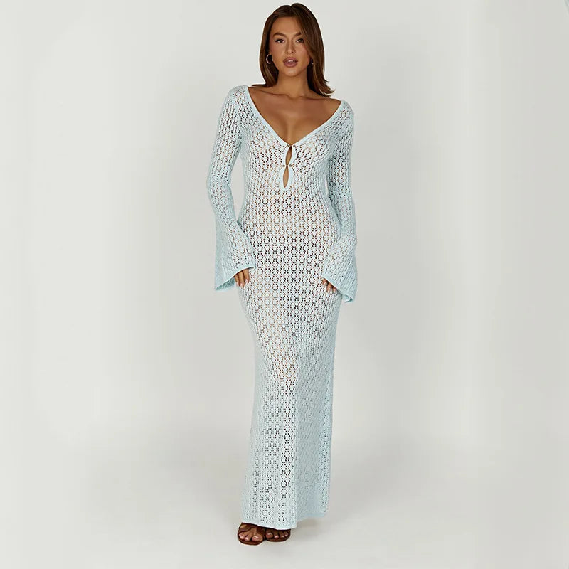 Sexy Women Long Knit Beach Dress Hollow-Out Deep V-Neck Long Sleeve Bikini Cover-Ups Dress Fall Backless Holiday Dress - Seprincess