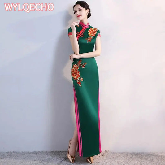 S-5XL Grren Party Cheongsam Vintage Chinese Style Spring Long Evening Dress Oriental Woman Elegant Qipao Vestido - Seprincess