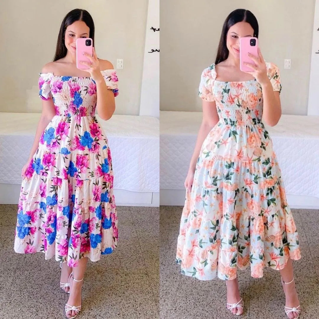 Elegant Women's Off Shoulder Midi Dress 2024 Summer Fashion dresses High Waist Flower Print Short  Sleeve Dress Robe Clothing - Seprincess