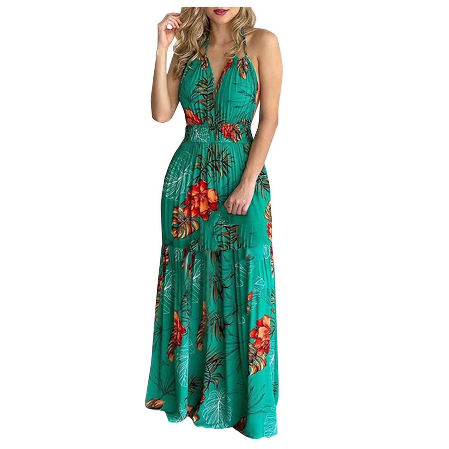 Summer Boho Dress Y2k Cloth Women Floral Print Backless Maxi Dress Elastic Waist Halter V Neck Long Robe Long Dresses Vacation - Seprincess