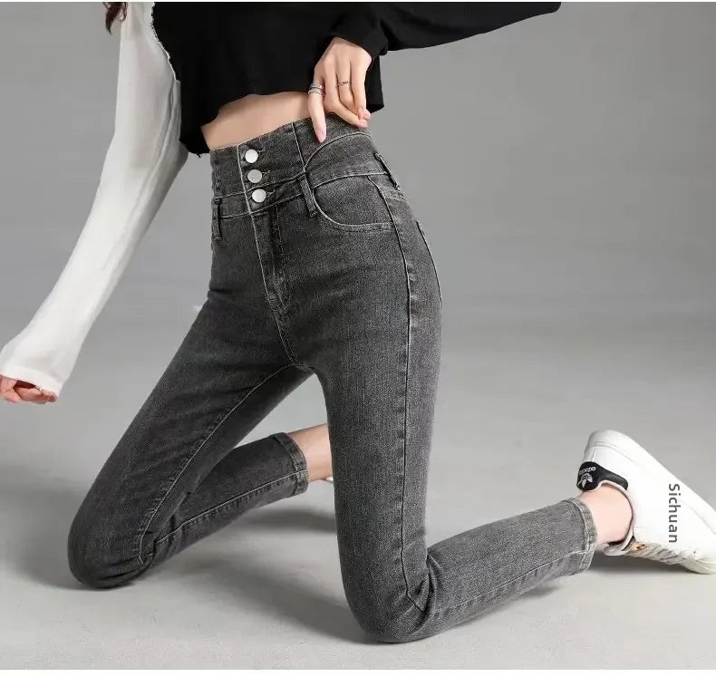 Thickened High-waisted Fleece-lined Jeans Women's Black Grey Slimming Winter 2021 New Style Tightening Integrated Velvet Pants