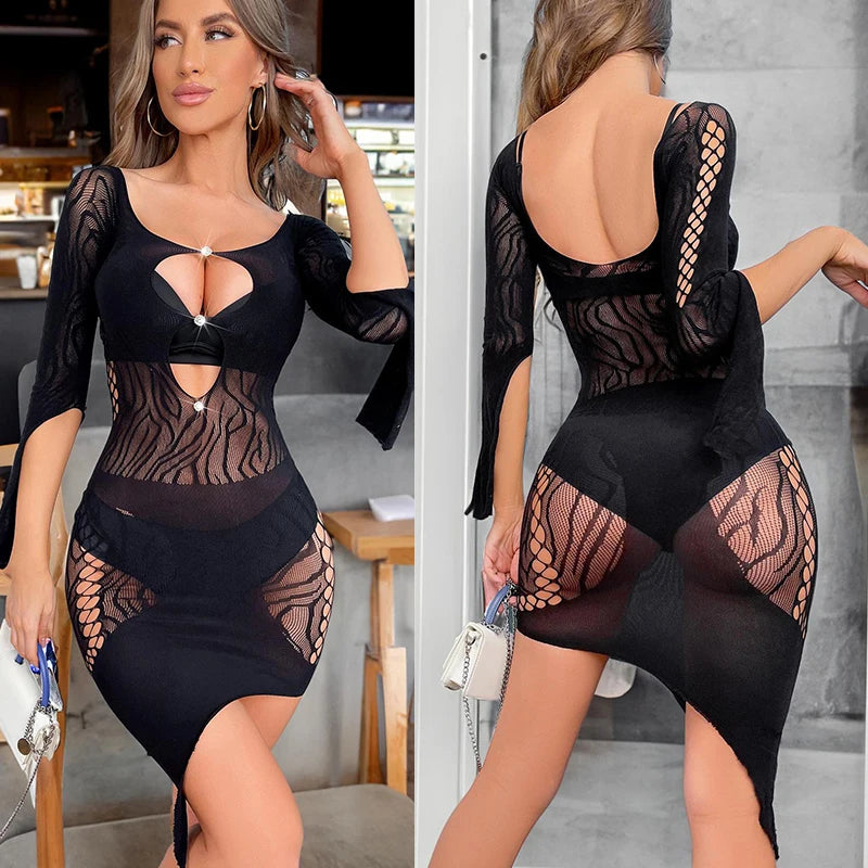 Dress Deep V exposed mesh tight see through pattern Casual women's dresses one pieces korean popular dress dresses in promotion - Seprincess