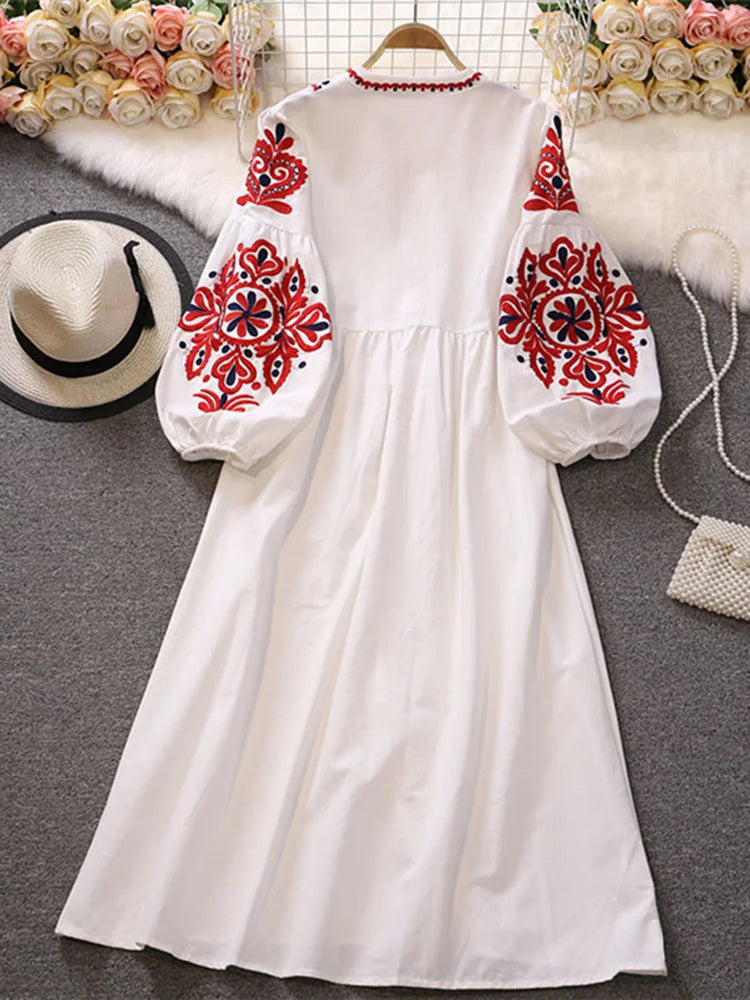 EWQ Sweet Style Y2K Women Nice Foreve Dress Embroidery O-neck Bandage Long-sleeve White Dresses Womens Spring Summer 2023 New - Seprincess