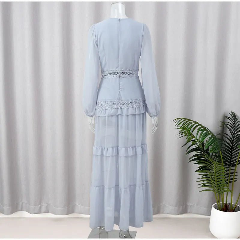 Women Elegant Layered Ruffles Patchwork Long Dress Chic V Neck Puff Full Sleeves Split Maxi Dresses Fashion Lady Party Robes - Seprincess