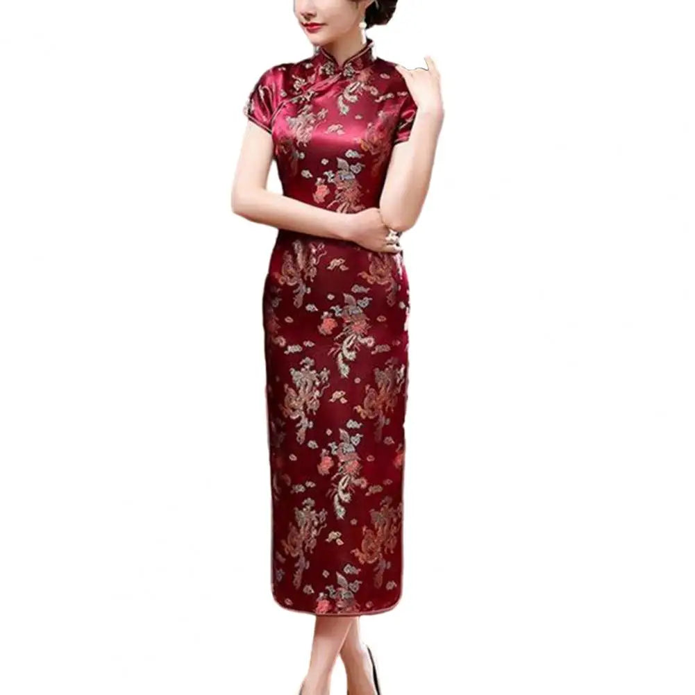 Retro Style Cheongsam Dress Elegant Chinese National Style Floral Embroidery Cheongsam Dress with Stand for Summer for Women - Seprincess