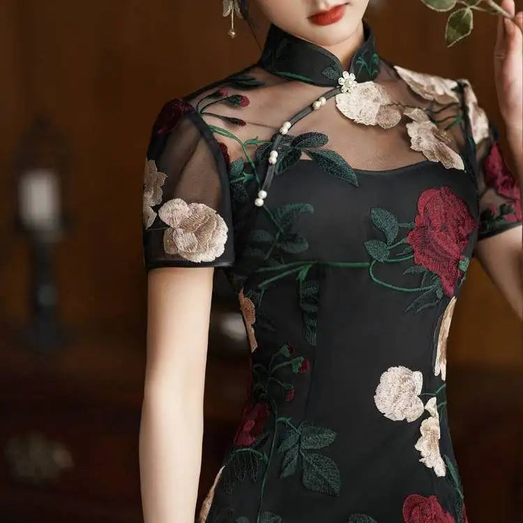 Black Lace Embroidered Flower Cheongsam Spring Summer New Retro Improved Young women's Clothing Women Elegant Daily Qipao - Seprincess