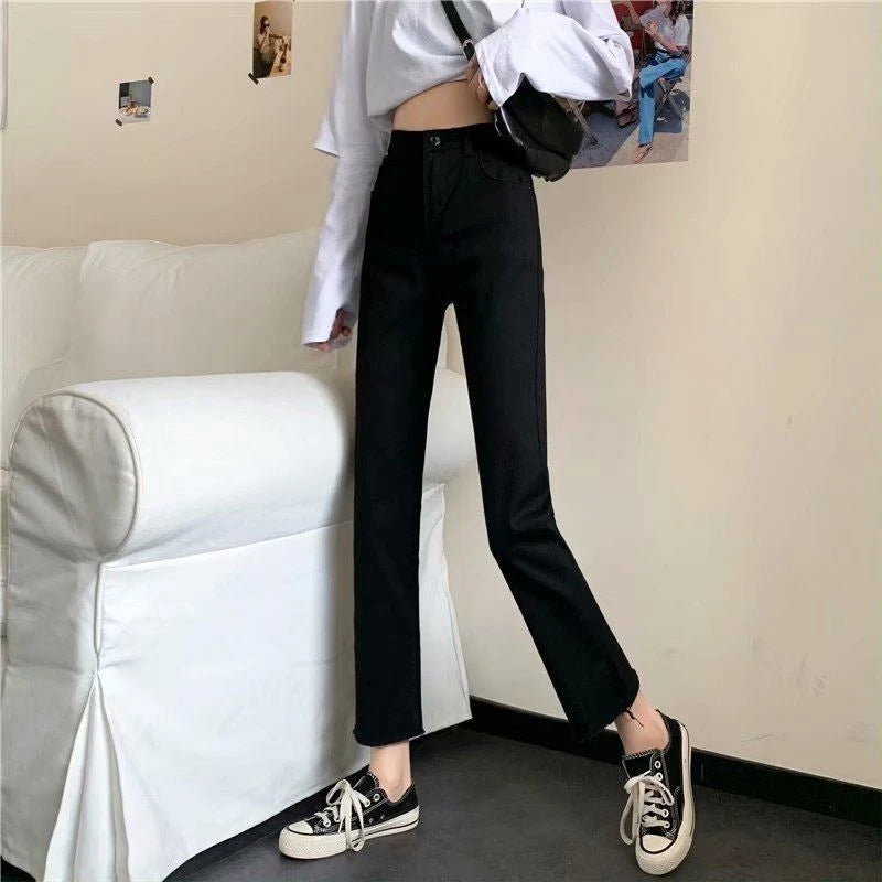 High Waist Straight Women's Jeans Tube Raw Edge Spring Autumn New Denim Jeans Small Nine Points Thin Black Raw Edge Trousers