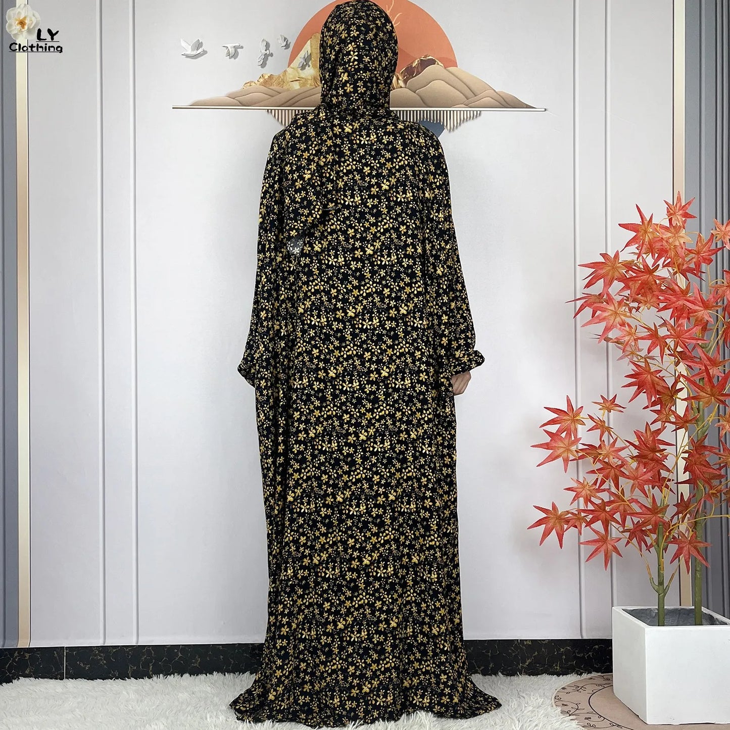 2024Latest Muslim Abayas For Women Ramadan Prayer Maxi Dubai Turkey Femme Cotton Robe Floral Loose African Dress Turban Attached - Seprincess