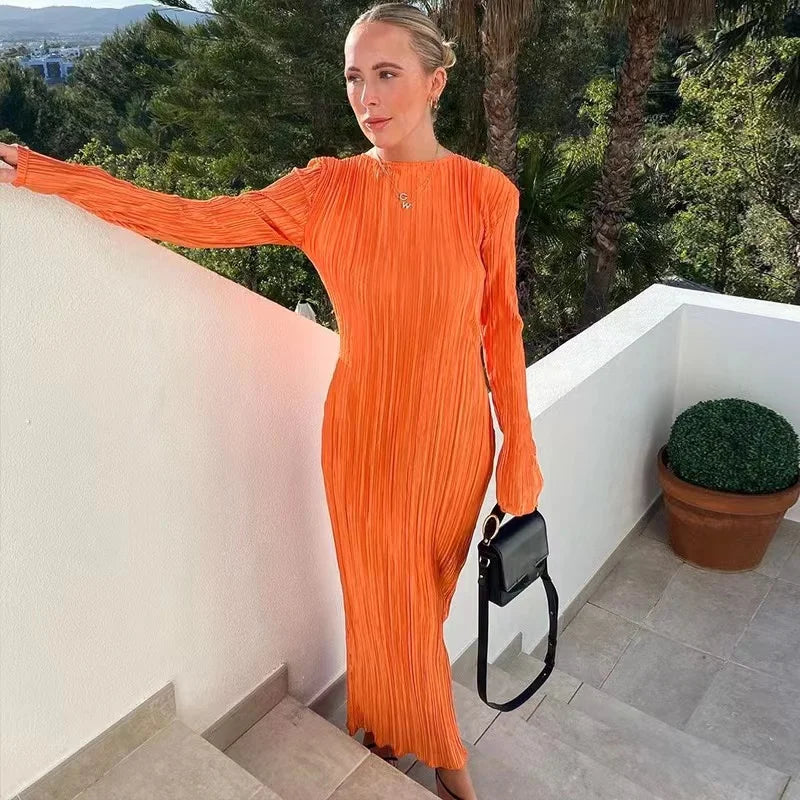 2024 Autumn Elegant Bodycon Dress Women Sexy Solid O Neck Flare Sleeves Long Summer Dresses Holiday Vestidos Black Red Orange - Seprincess