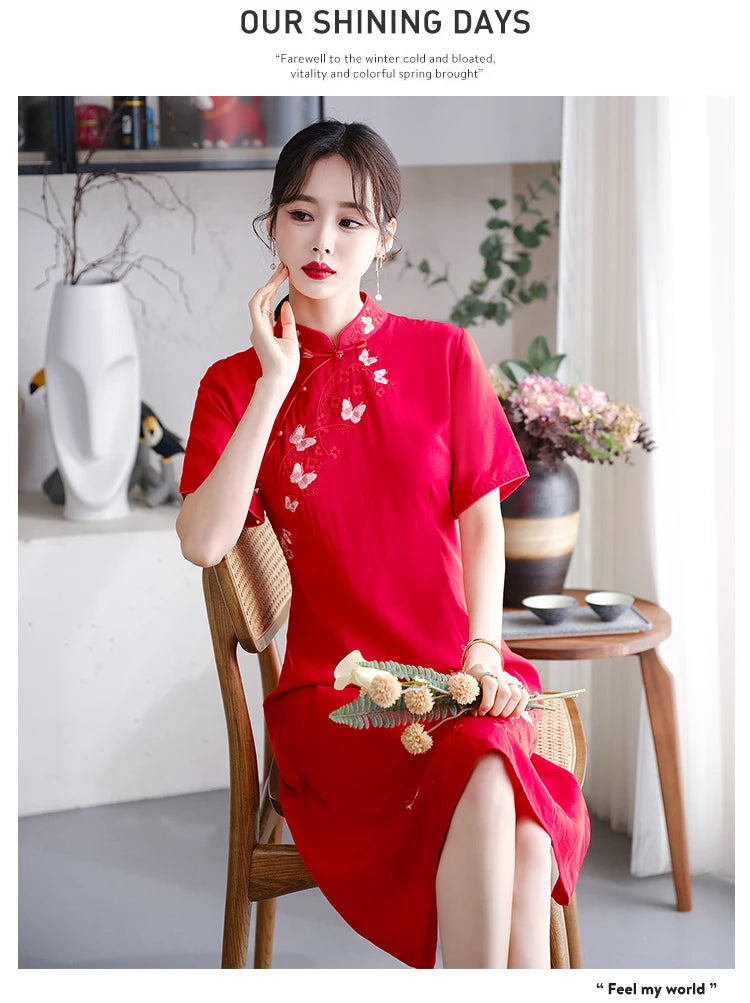 Retro Ethnic Style Chinese Traditional Qipao Dress Fashion Embroidered Improved Red Cheongsam CNY - Seprincess