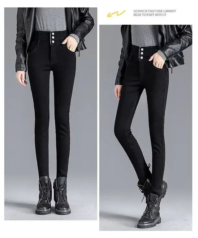 High-waisted Fleece-lined Jeans Women's Winter New Slimming Black Slim Fit Trendy Pencil Leggings