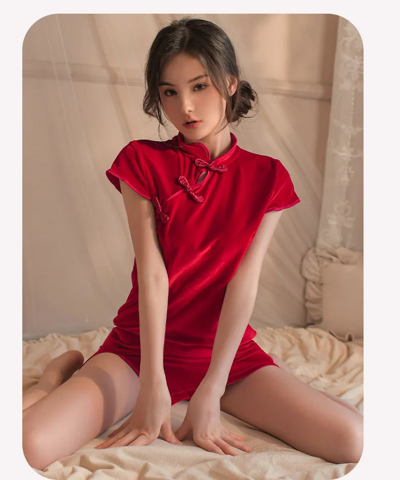 Red Chinese Qipao Dress Elegant Velvet Dress Women Short Sleeve Chinese Cheongsam Sexy Bodycon Mini Dresses Vintage Lingerie - Seprincess