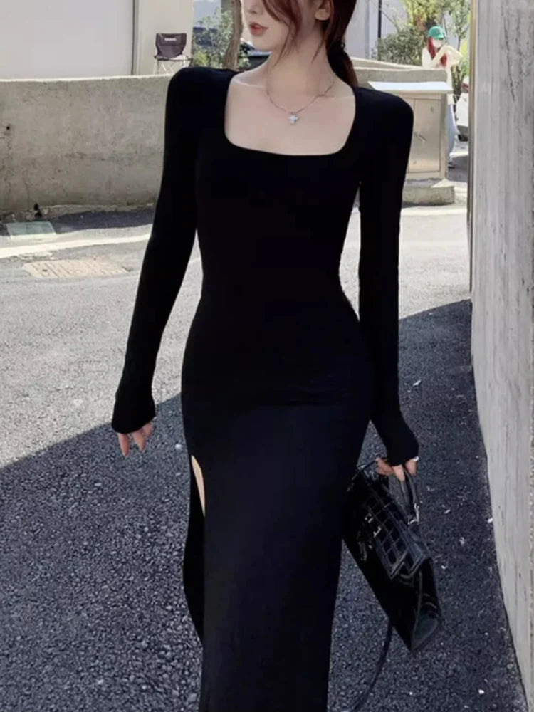 Sexy Side Slit Dress for Women Tight-fitting Wrap Hip Over-the-knee Long Sleeved Dresses Black Street Bodycon Spring Autumn - Seprincess