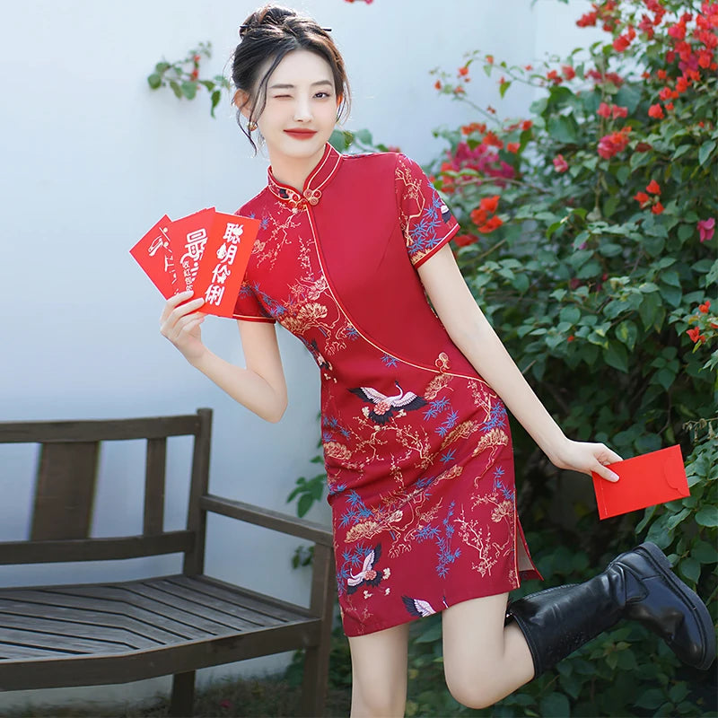 Red Chinese Style Modern Cheongsam Summer New Improved Stitching Short Women's Qipao Dress - Seprincess