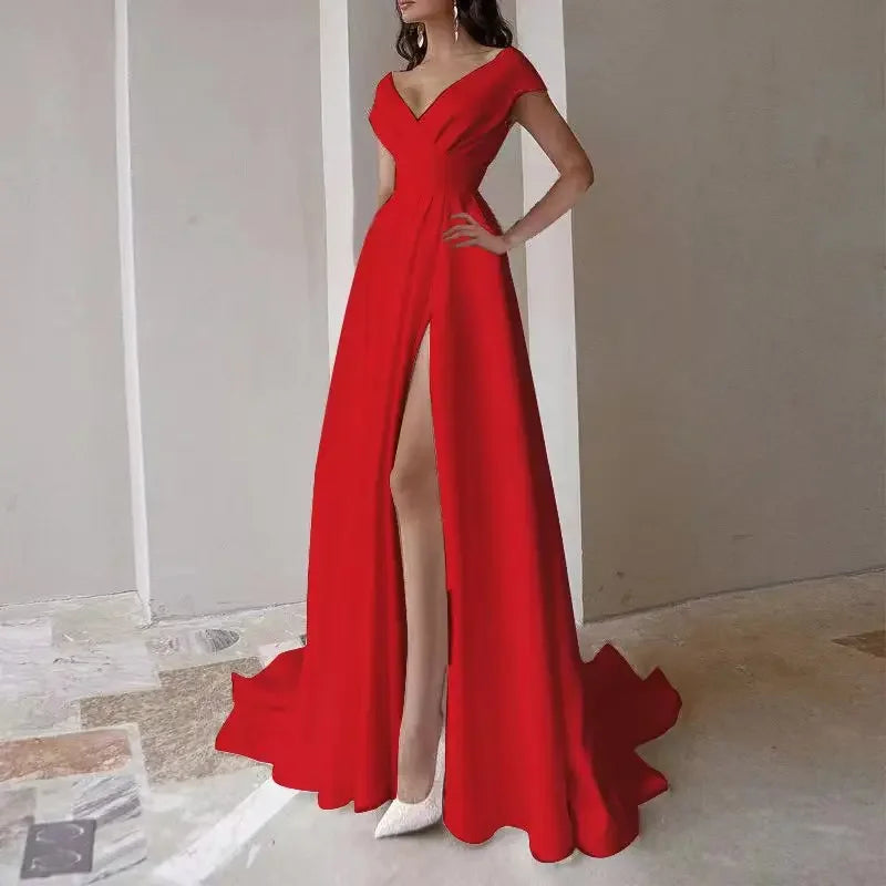 2024 Elegant Long Dress Ruffle Edge Solid Color Crossbody Waist Split Skirt Red Black White Sleeveless Evening Dress - Seprincess