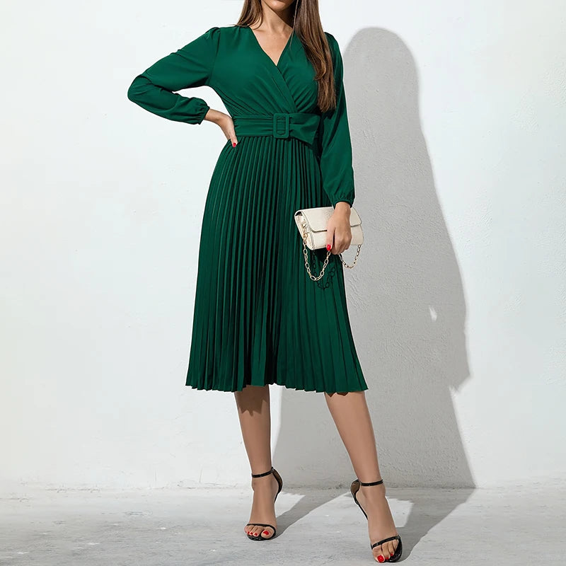 Women's solid color dress dark green V-neck casual slim pleated knee skirt new long sleeve summer and autumn standard code elega - Seprincess