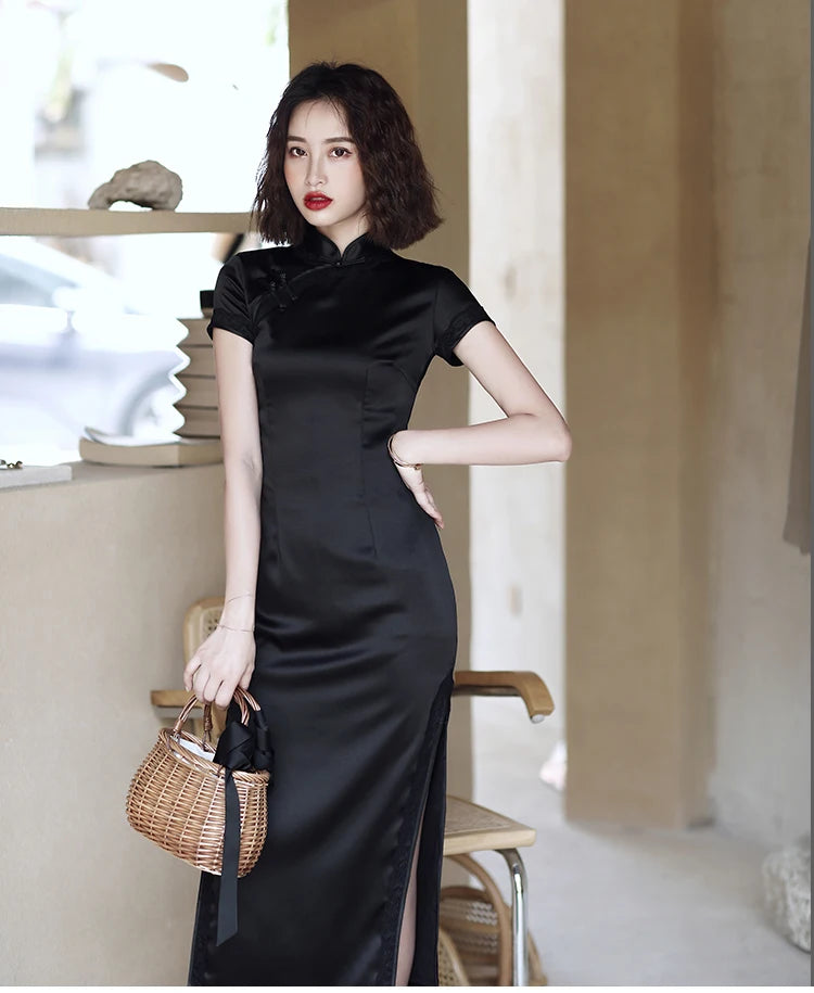 Oriental Dress Black Qipao Realsilk Retro Cheongsam Customized Chinese Traditional Female Skirt Tight Fitting Summer China Dress - Seprincess