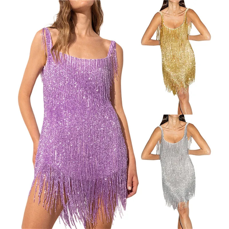 Women Sequin Fringe Mini Dress Sling Tassel Hem Sparkly Spaghetti Strap Backless Bodycon Elegant Cocktail Party Short Dress Y2K - Seprincess