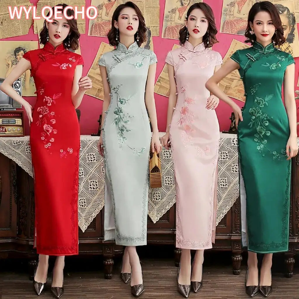 Silk Embroidered Long Cheongsam 2023 New Lace Edge Improved Qipao Chinese Style Evening Dresses Woman Ceremony Dress - Seprincess