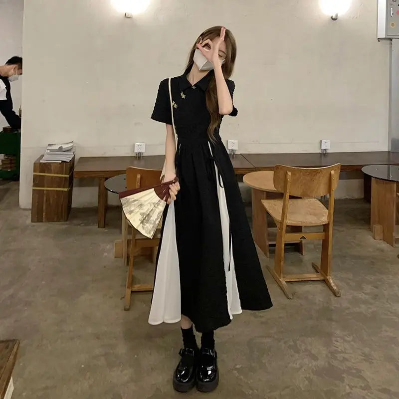 2023 New Chinese Style Dress Balck Qipao Elegant White Black Patchwork Cheongsams Youth Girl Vestidos Long Dresses Qipao - Seprincess