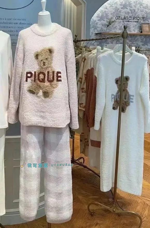 Japan Style Original New Year Teddy Bear Plaid Winter Thick Pajamas Knitted Sweaters Gown Wine Sleepwear Loungewear - Seprincess