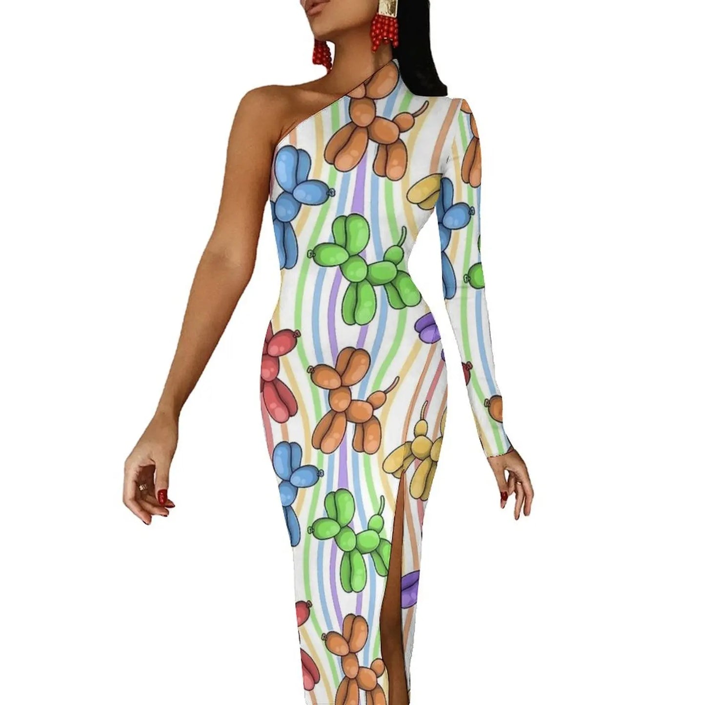 Watercolor Balloon Dogs Maxi Dress Long Sleeve  Sexy Bodycon Dress Spring Aesthetic Long Dresses Female Design Clothing - Seprincess