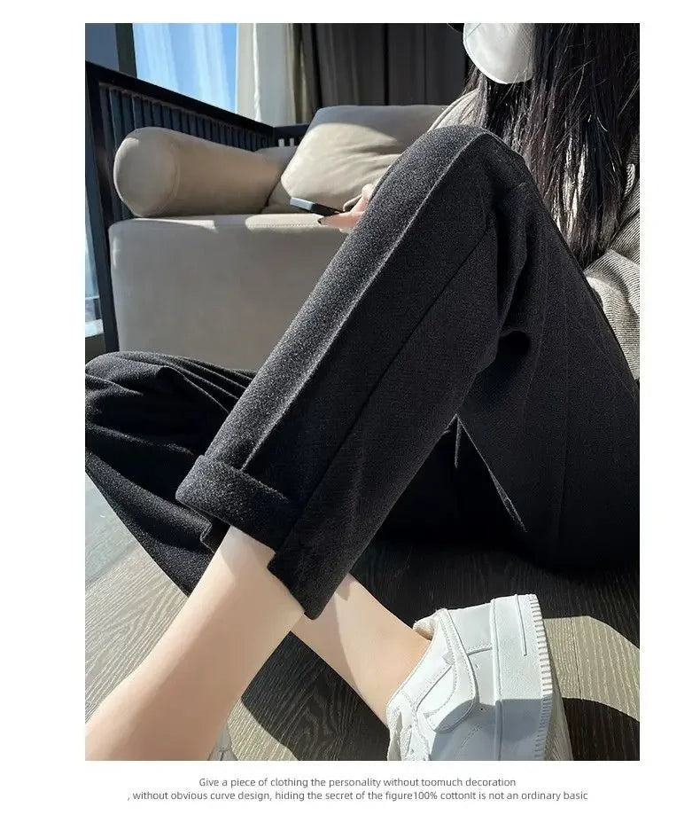 Winter Woolen Pants for Women Thicken Warm Ankle-Length Harem Pants Office Lady Khaki Elastic Waist Fashion Women's Trousers