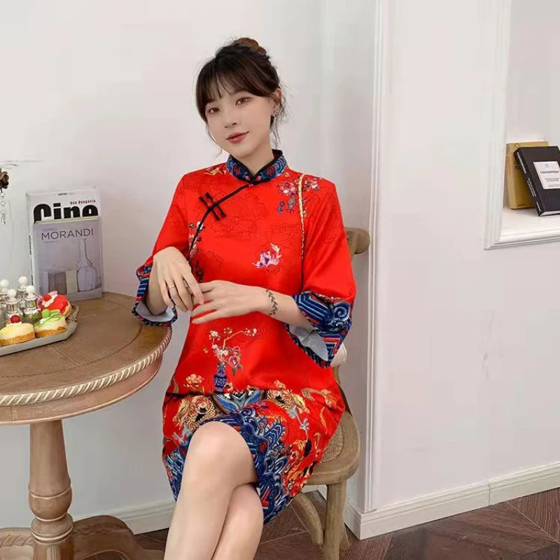 Red Blue Loose 2024 New Fashion Modern Chinese Cheongsam A-line Dress Women 3/4 Sleeve Qipao Traditional Chinese Clothes - Seprincess