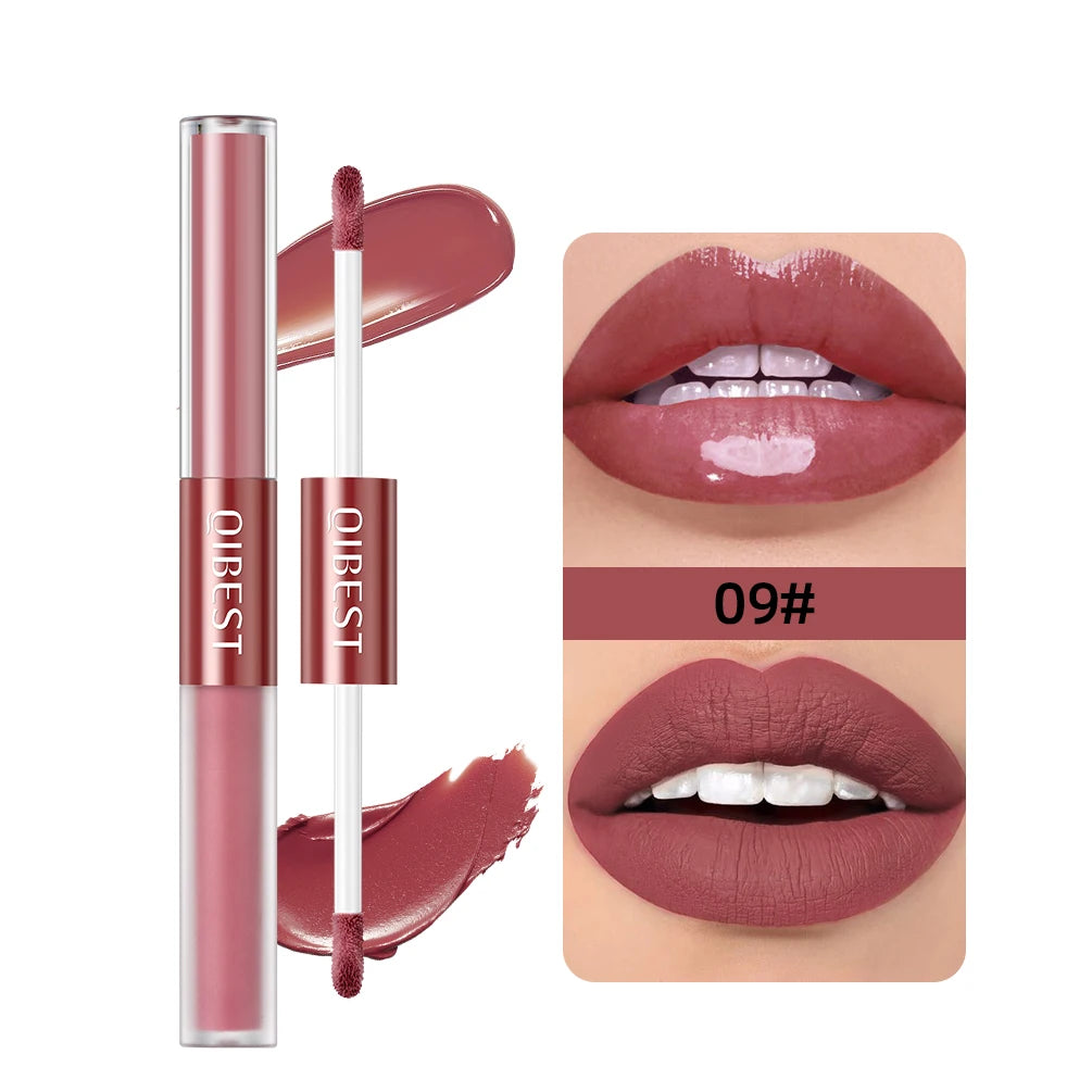 QIBEST 2023 New Double Head Matte Velvet Liquid Lipstick Waterproof Double End Mirror Lip Glaze Moisture Lip Makeup 2 In 1 Stick