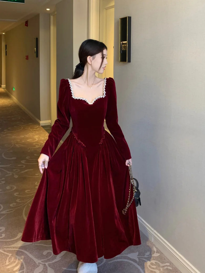 Vintage Evening Party Velvet Dresses for Woman Elegant Fashion Wedding Birthday Prom Long Sleeves Female Clothing Black Robe - Seprincess