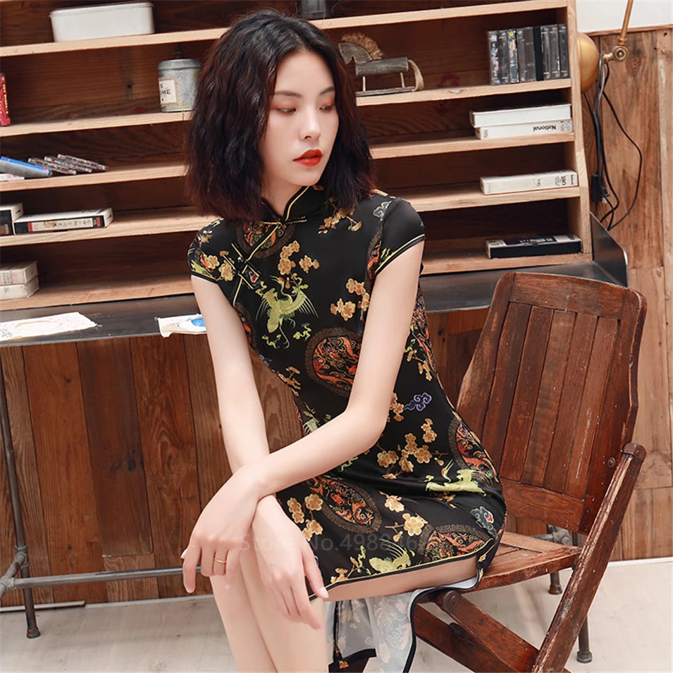 Chinese Traditional Dress Cheongsam  Women Girls Party Wedding Fashion Vintage Retro Crane Floral Print Satin Short Dress - Seprincess