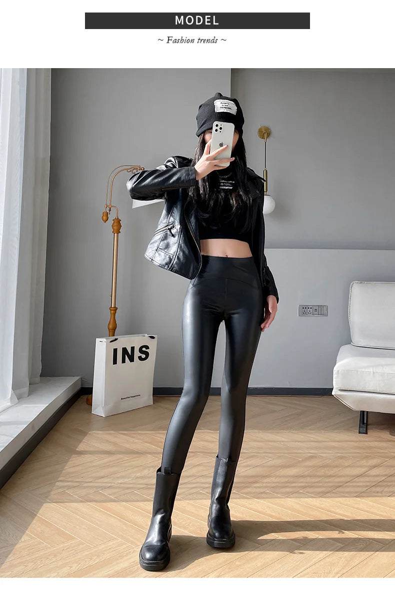 Autumn Winter Women Fleece Matte Leather Leggings High Quality Sheepskin High Waist Elastic PU Leather Pants Slim Sexy Leggings