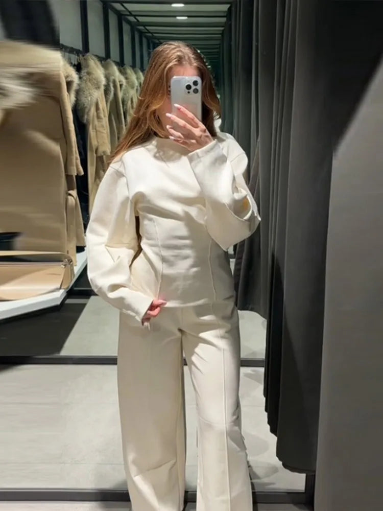 Elegant Women Solid Two Piece Sets Fashion O-Neck Long Sleeve Waist Up Tops Wide Leg Pants Outfits 2024 Casual New Streetwear - Seprincess